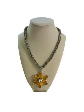 Silver Beaded Station Necklace Large Citrine Colored Flower Pendant Toggle Clasp